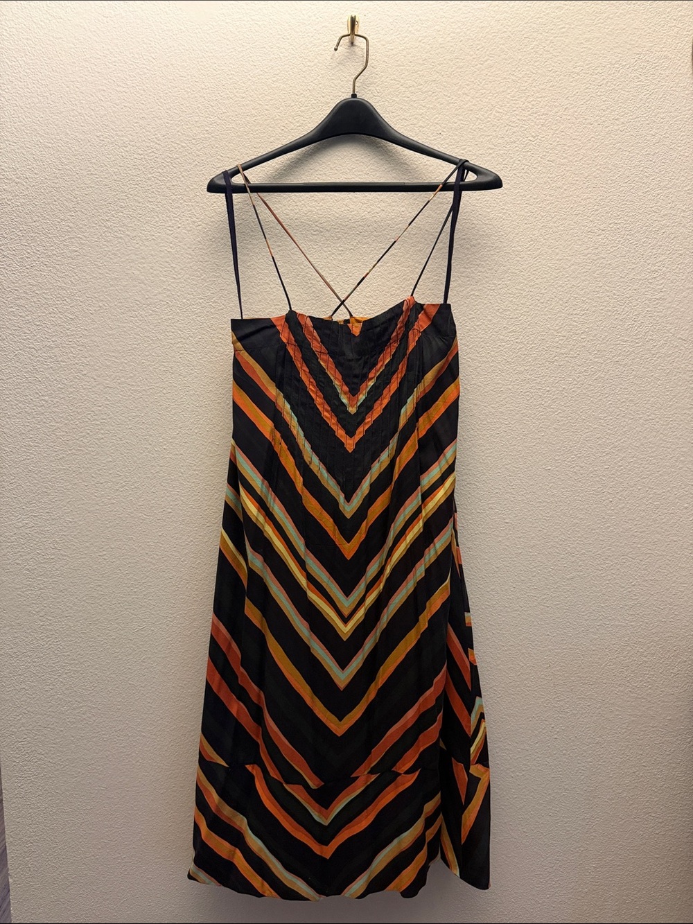 Anthropologie Black Strappy Chevron Midi Dress with Orange and Yellow Accents
